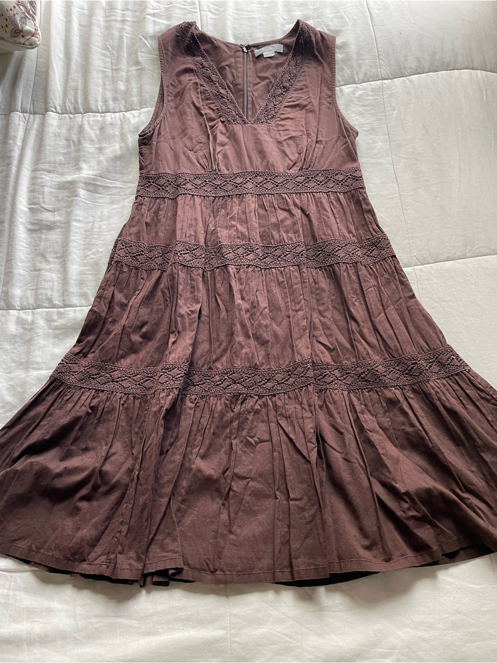 Y2K Chocolate Brown Cotton Sleeveless Tiered Eyelet Midi Dress 4 Cottagecore